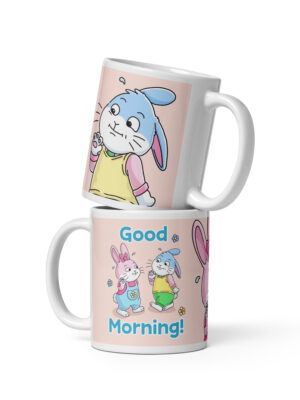 Good Morning! Awkward British Smile Bunnies White glossy mug