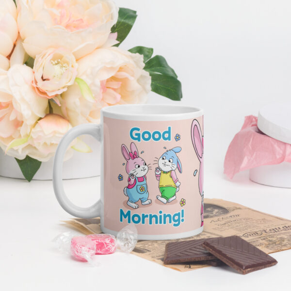 white-glossy-mug-white-11-oz-handle-on-left-69b934a0bc1f3.jpg Good Morning! Awkward British Smile Bunnies White glossy mug